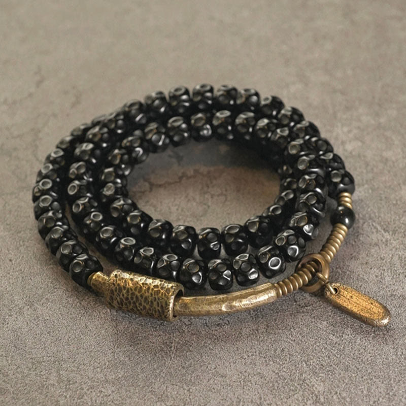 Retro Coconut Shell with Brass and Copper Accents Triple Wrap Bracelet