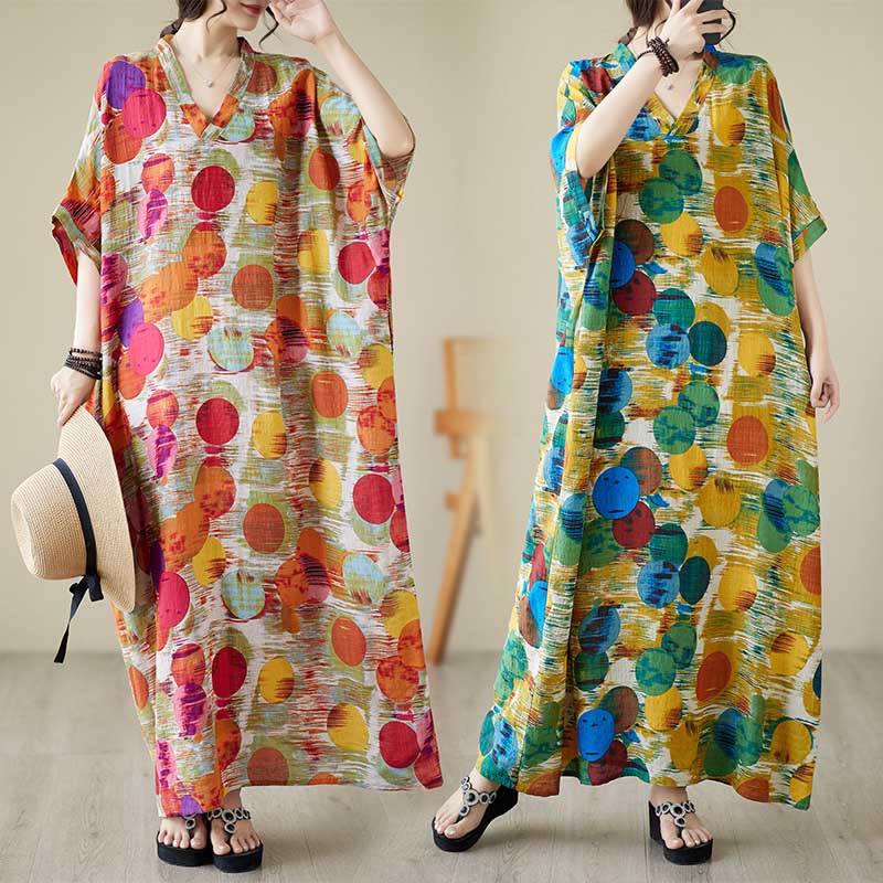 Orange Blue Colorful Polka Dots Midi Dress Cotton Half Sleeve Dress With Pockets