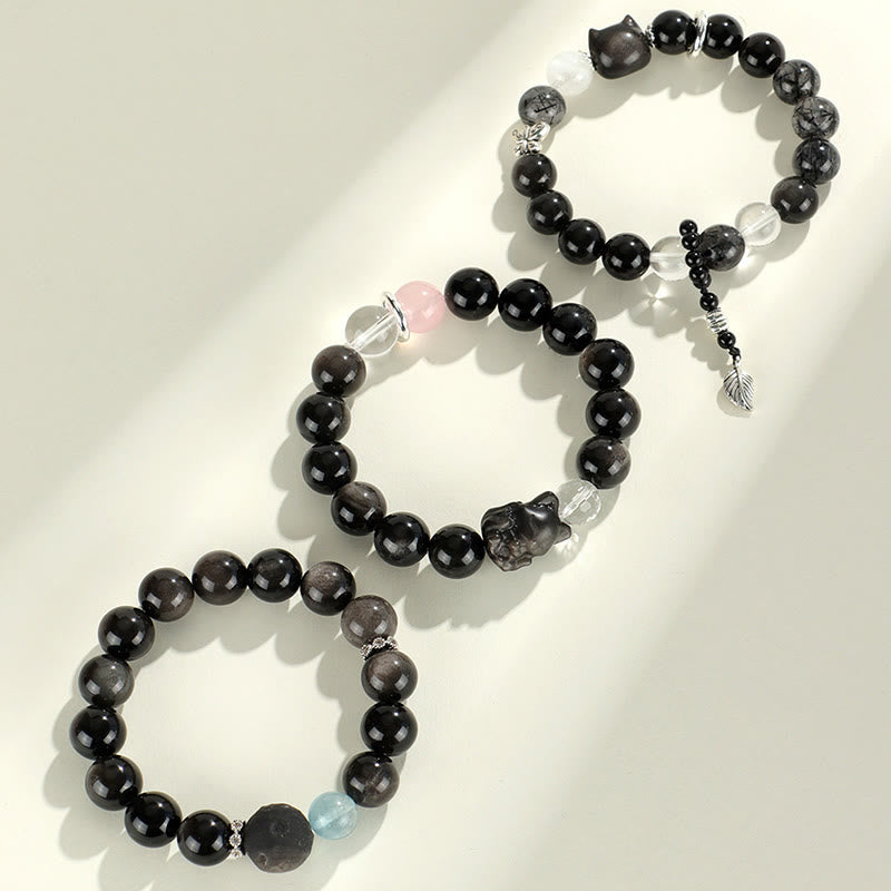 Natural Silver Sheen Obsidian Charm Bracelet with Rose Quartz, Aquamarine, Black & Clear Quartz