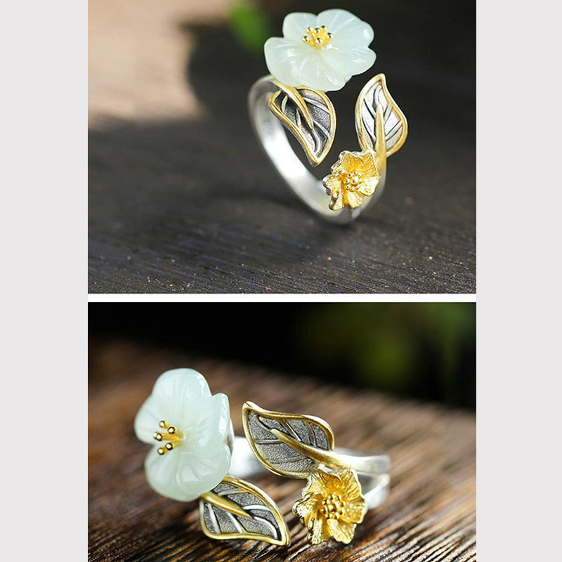Botanical White Jade Plum Blossom Leaf 925 Silver Plated Copper Ring