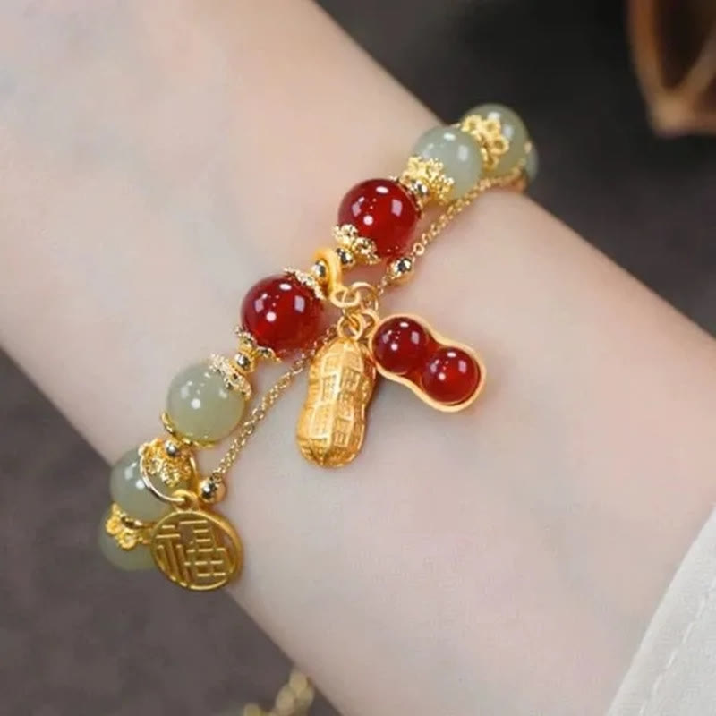 Jade Leaf Ginkgo Tulip Peanut Fu Character Luck Beaded Bracelet
