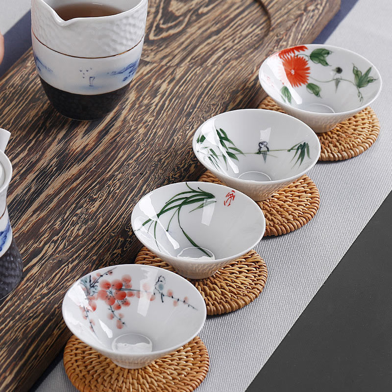 Vintage Plum Orchid Bamboo Chrysanthemum Lotus Koi Fish Ceramic Teacup Kung Fu Tea Cups