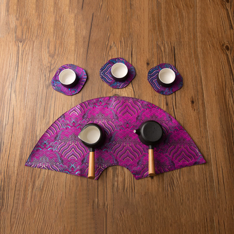 Vintage Sea Wave Bamboo Plum Blossom Embroidered Cup Mat Pad Tea Cup Coaster Kung Fu Tea Mat