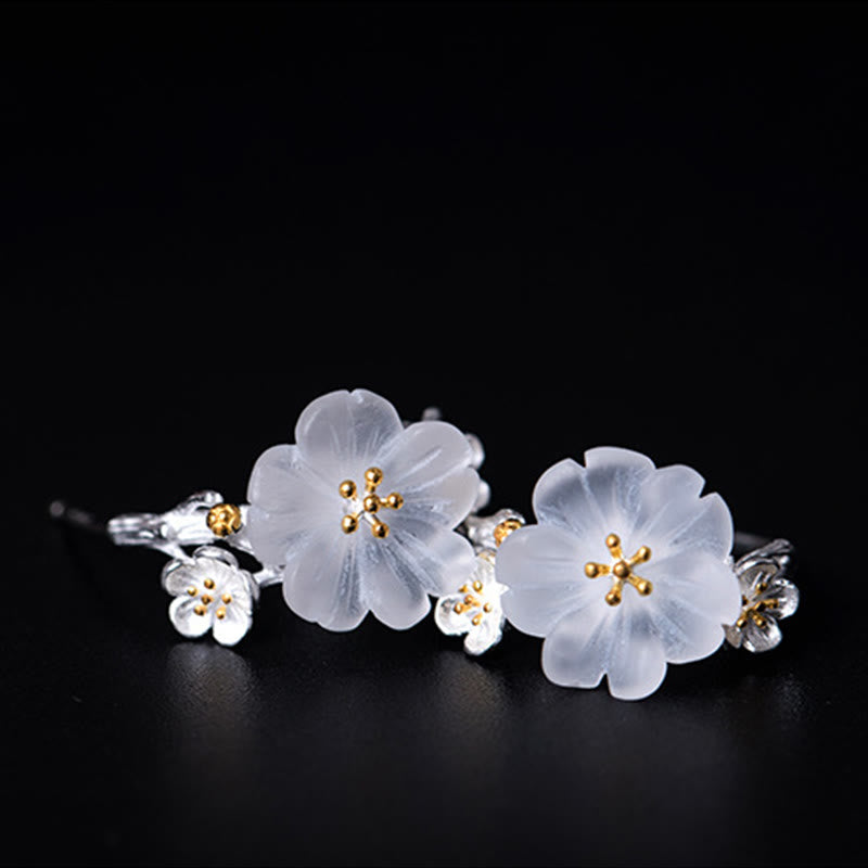 925 Sterling Silver Plum Blossom Floral Clear Quartz Earrings