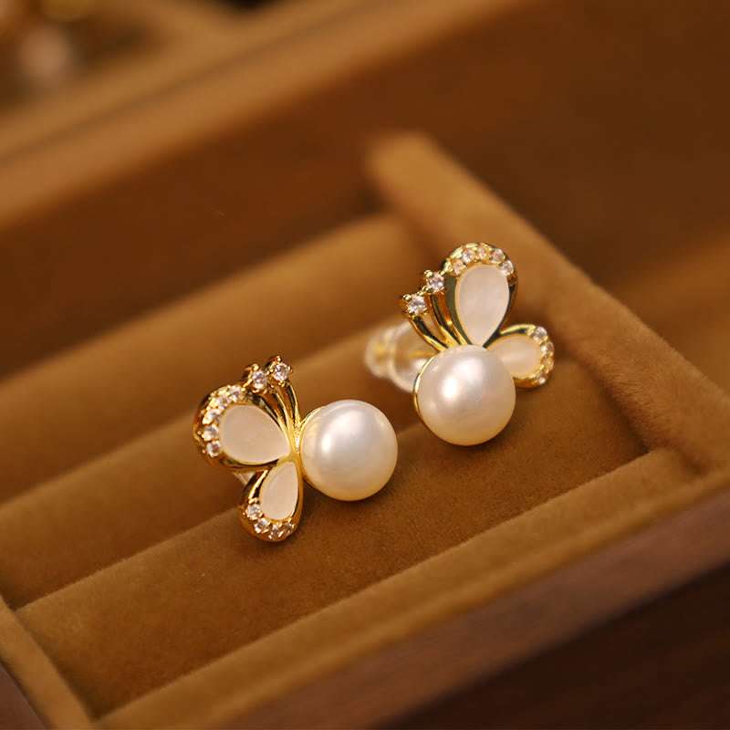 925 Sterling Silver Posts 18K Gold Plated Copper Natural Pearl Butterfly Zircon Healing Stud Earrings
