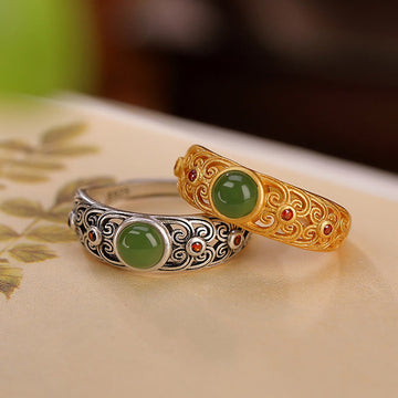 925 Sterling Silver Hetian Cyan Jade Harmony Adjustable Ring