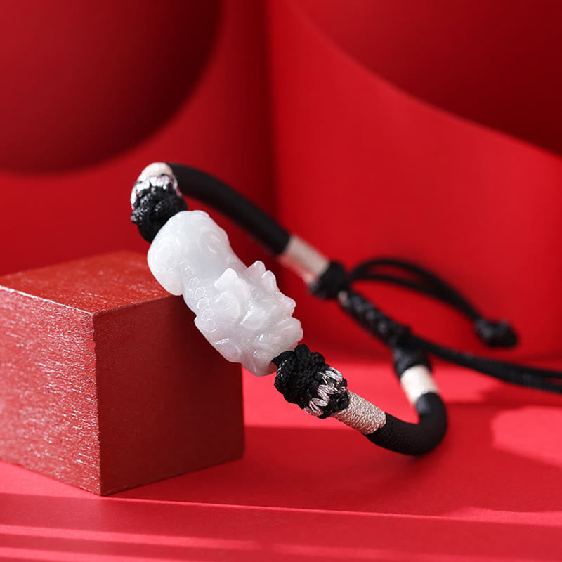 Handmade Natural Jade PiXiu Luck Prosperity Braided String Bracelet