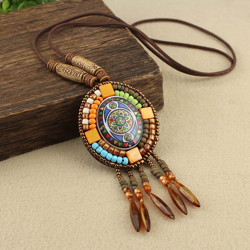 Mandala Pattern Geometric Creativity Pendant Necklace with Colorful Beads