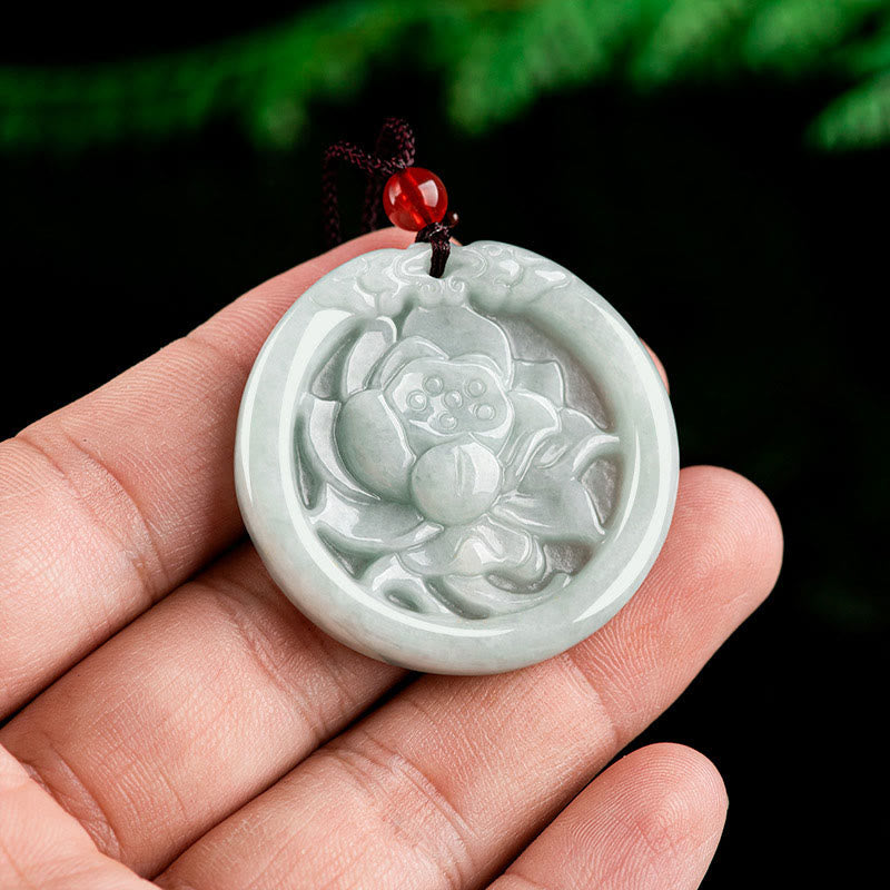 Natural Jade Lotus Flower Carved Prosperity Necklace Pendant