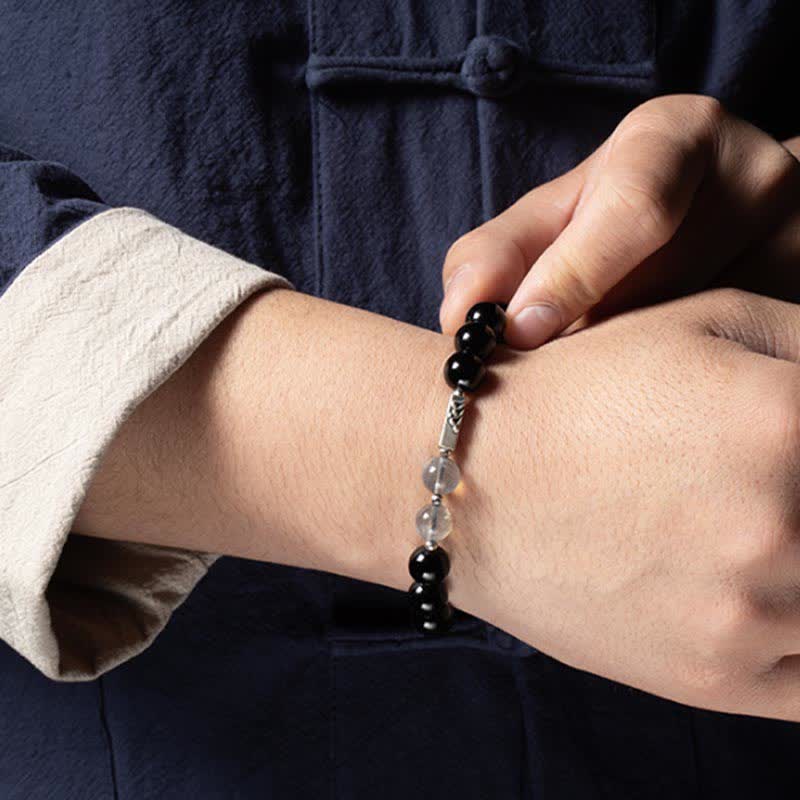 925 Sterling Silver Black Obsidian and Moonstone Beaded Couple Bracelet Set
