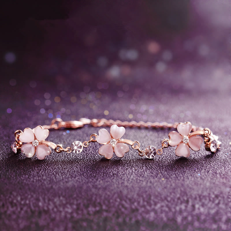 Pink Crystal Four Leaf Clover Love Chain Bracelet