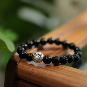 Engraved 925 Sterling Silver and Black Onyx Beaded Bracelet