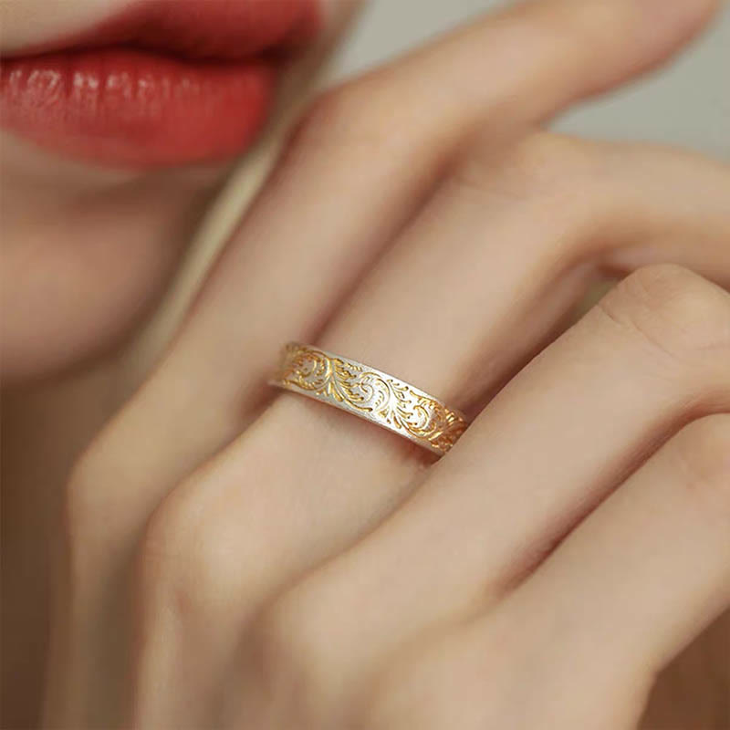 999 Sterling Silver Gold-Painted Joyful Flower Pattern Peaceful Heart Sutra Ring