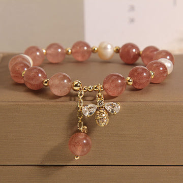Strawberry Quartz and Pearl Beaded Bracelet with Zircon Honeybee Charm