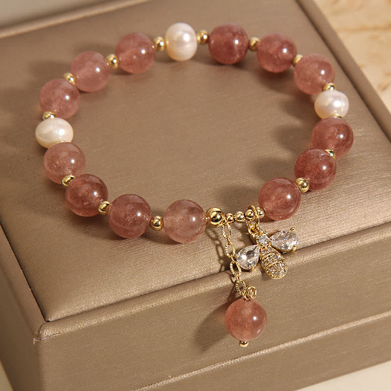 Strawberry Quartz and Pearl Beaded Bracelet with Zircon Honeybee Charm
