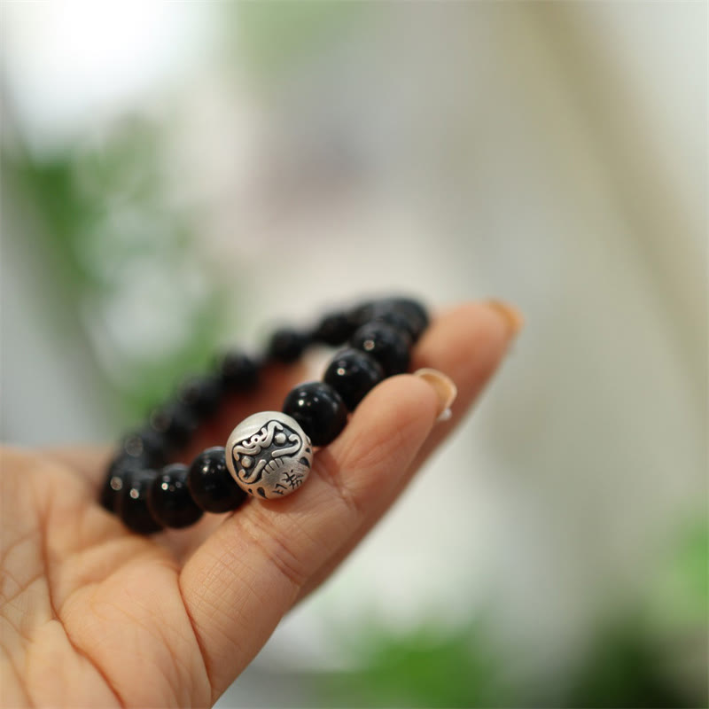 Engraved 925 Sterling Silver and Black Onyx Beaded Bracelet