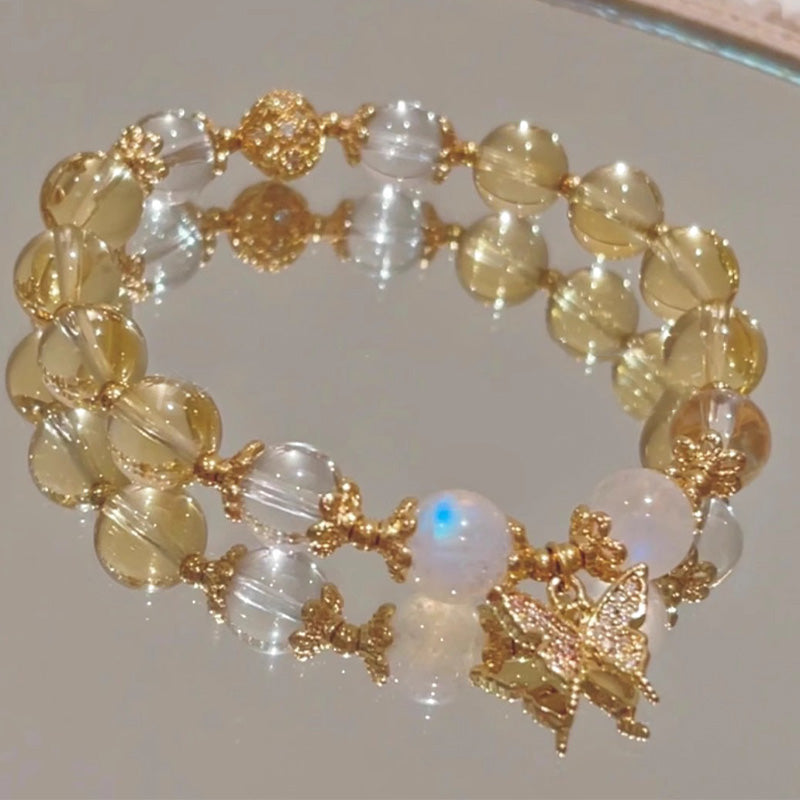 Citrine Moonstone & Clear Quartz Butterfly Charm Beaded Bracelet