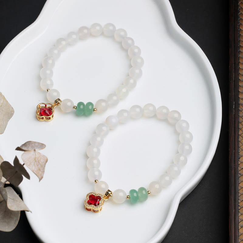 Natural White Agate Red Agate Money Bag Fu Character Four Leaf Clover Protection Bracelet
