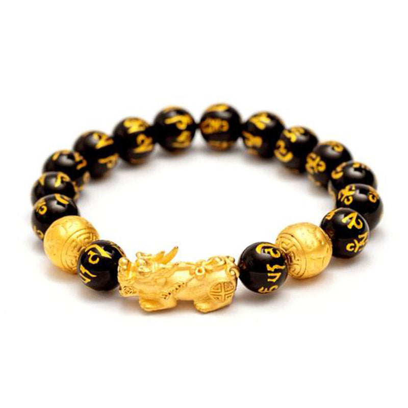 Om Mani Padme Hum Inscribed Black Obsidian & Agate Pixiu Beaded Bracelet