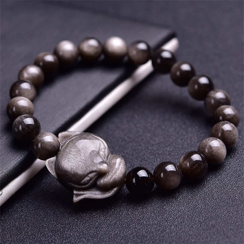 Natural Silver Sheen Obsidian Hand-Carved Fox Beaded Elastic Bracelet