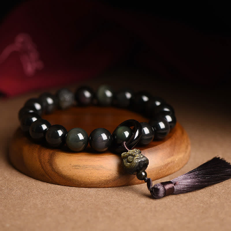 Natural Black Obsidian Lion Wrist Mala Protection Tassels Pocket Mala Car Decoration