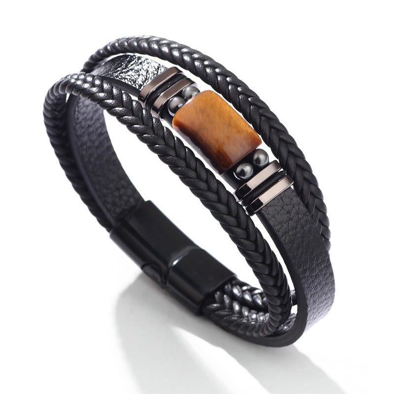 Tiger Eye Power Magnetic Buckle Multilayered Leather Bracelet