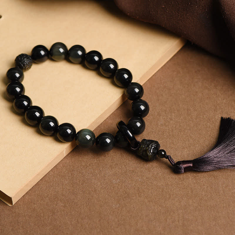 Natural Black Obsidian Lion Wrist Mala Protection Tassels Pocket Mala Car Decoration