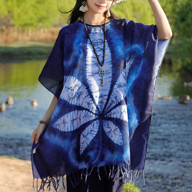 Artisanal Blue Batik Maple Leaf Mindful Travel Shawl Pullover