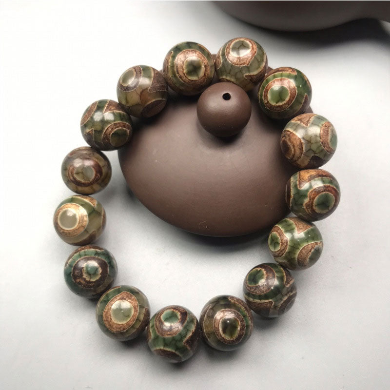 Handmade 14mm Sardonyx and Three-eyed Dzi Bead Meditation Bracelet