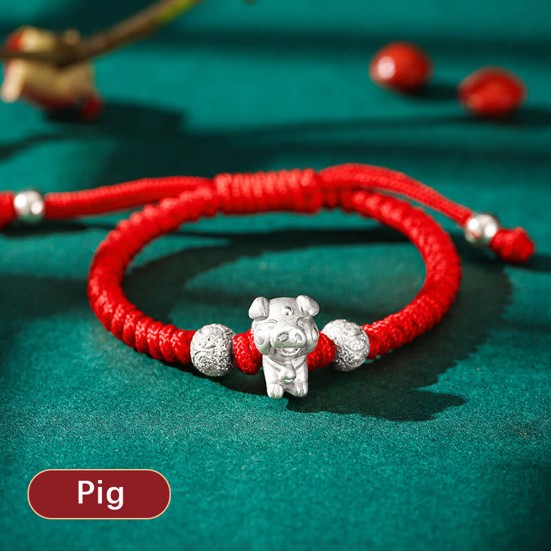 Handcrafted 999 Sterling Silver Chinese Zodiac Vajra Knot Red String Kids Bracelet