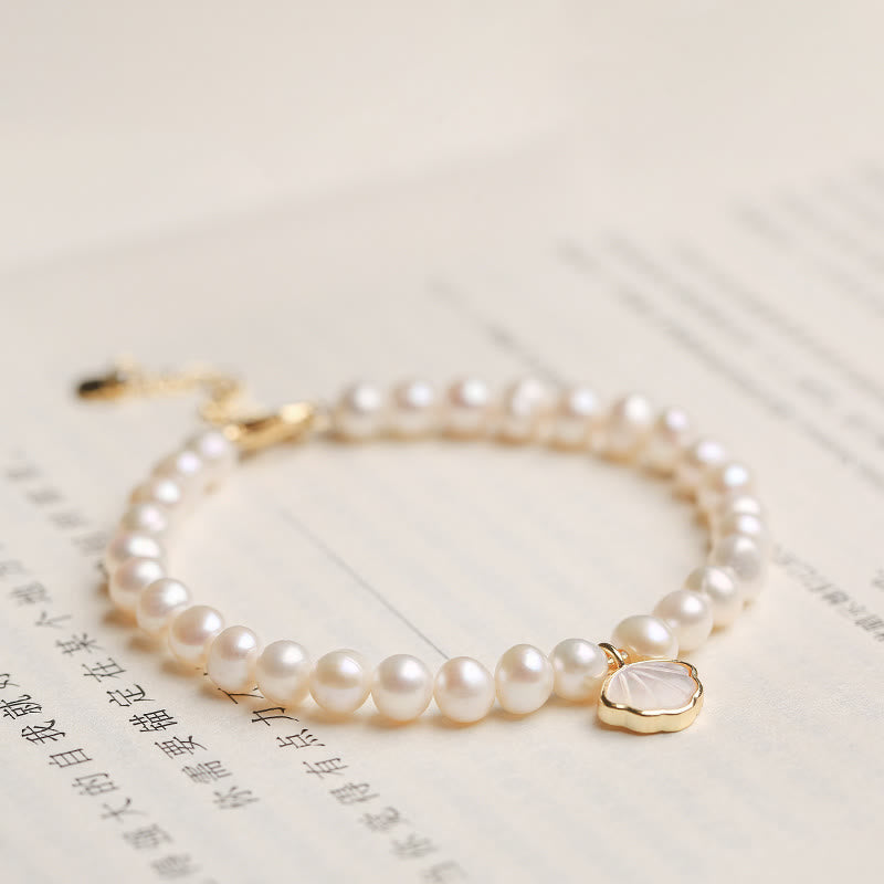14K Gold Plated Natural Pearl & Seashell Charm Bead Bracelet with Amethyst or Red Agate