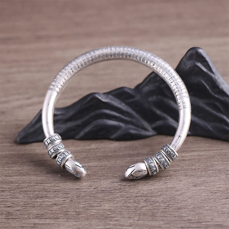 999 Sterling Silver Heart Sutra Om Mani Padme Hum Engraved Peace Purity Bracelet Bangle