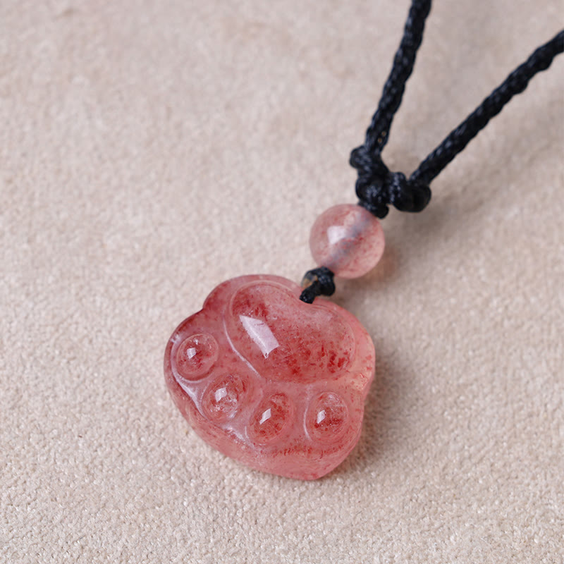 Strawberry Quartz Lovely Cat Paw Claw Healing Necklace Pendant