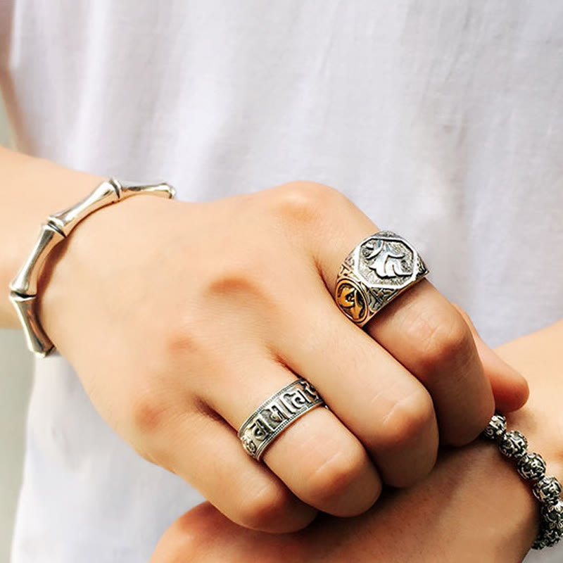 925 Sterling Silver Sanskrit Design Carved Protection Adjustable Ring