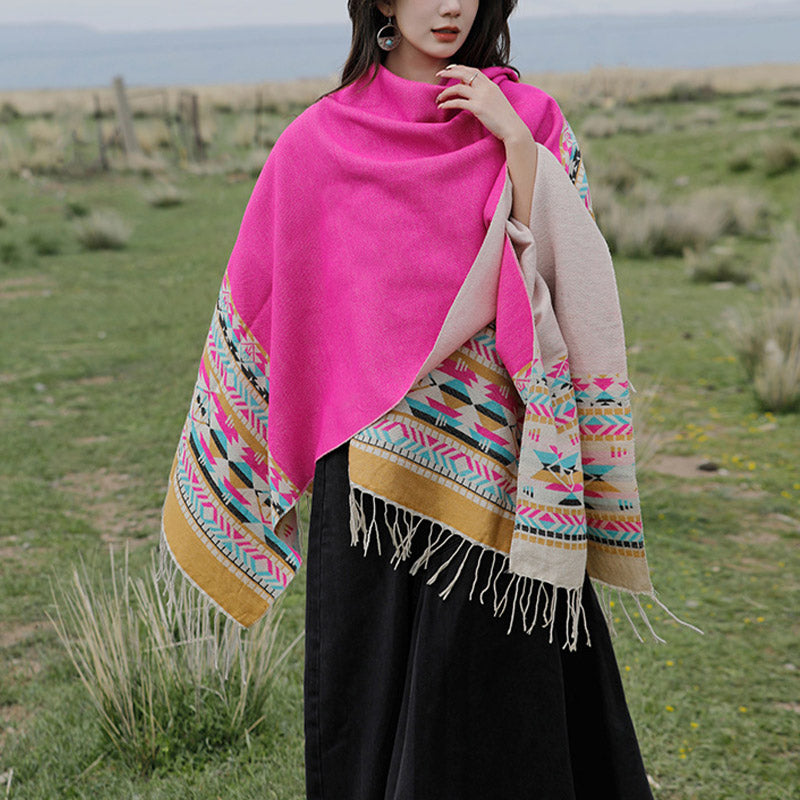 Tibetan Shawl Colorful Geometry Winter Cozy Travel Scarf Wrap