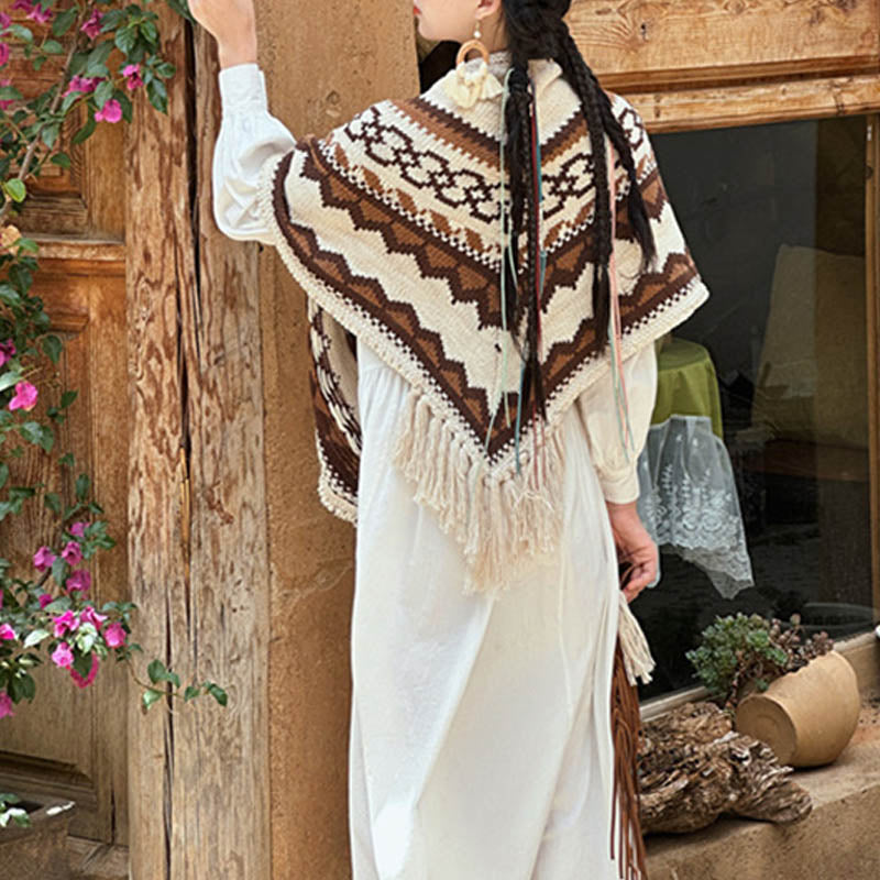 Tibetan Striped Brown Beige Tassel Shawl Winter Cozy Travel Scarf Wrap