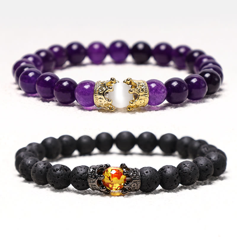 Natural Gemstone Crown Accent Beaded Couple Bracelet Set - Set of 2