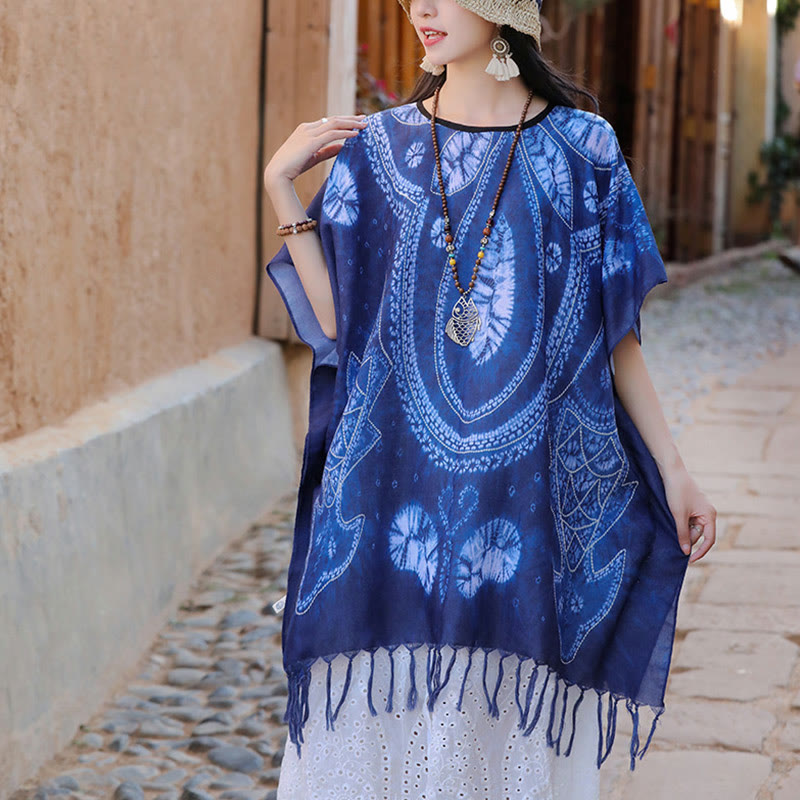 Blue Geometric Batik Draped Travel Meditation Shawl