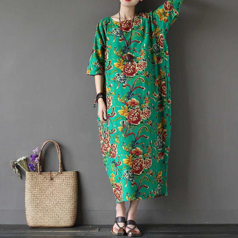 Red Peony Flowers Printed Midi Dress Half Sleeve Cotton Linen Dress