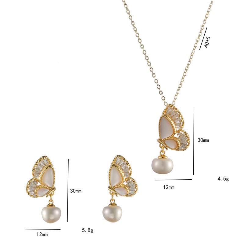 Tridacna Stone Pearl Bead Butterfly Healing Necklace Pendant Earrings Set