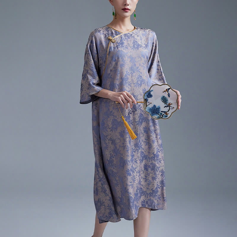 Small Flower Leaf Jacquard Chinese Cheongsam Qipao Midi Dress With Pockets