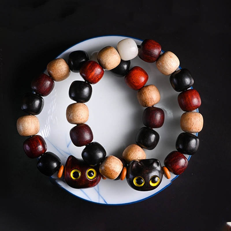 Hand-Carved Cat Engraved Red Sandalwood and Ebony Wood Bracelet