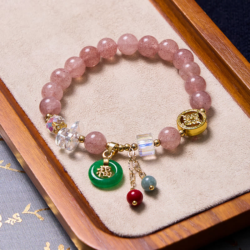 Pink Golden Silk Jade Bangle & Strawberry Quartz Beaded Bracelet Bundle Set