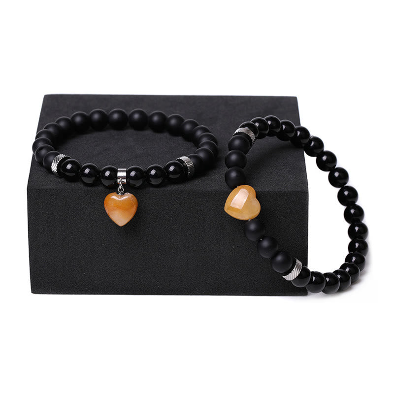 2Pcs Black Onyx Crystal Stone Love Heart Protection Support Couple Bracelet