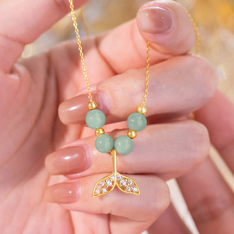 925 Sterling Silver Hetian Jade Bead Fishtail Luck Necklace Pendant