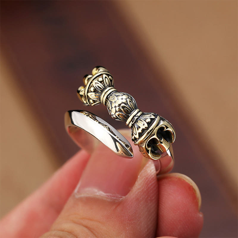 Tibetan Vajra Engraved Sterling Silver and Copper Adjustable Ring