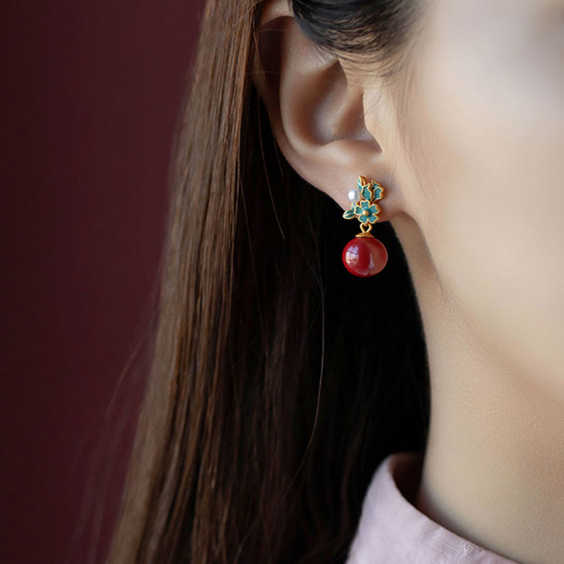 925 Sterling Silver Plated Gold Cinnabar Pearl Flower Blessing Necklace Pendant Earrings Ring Set