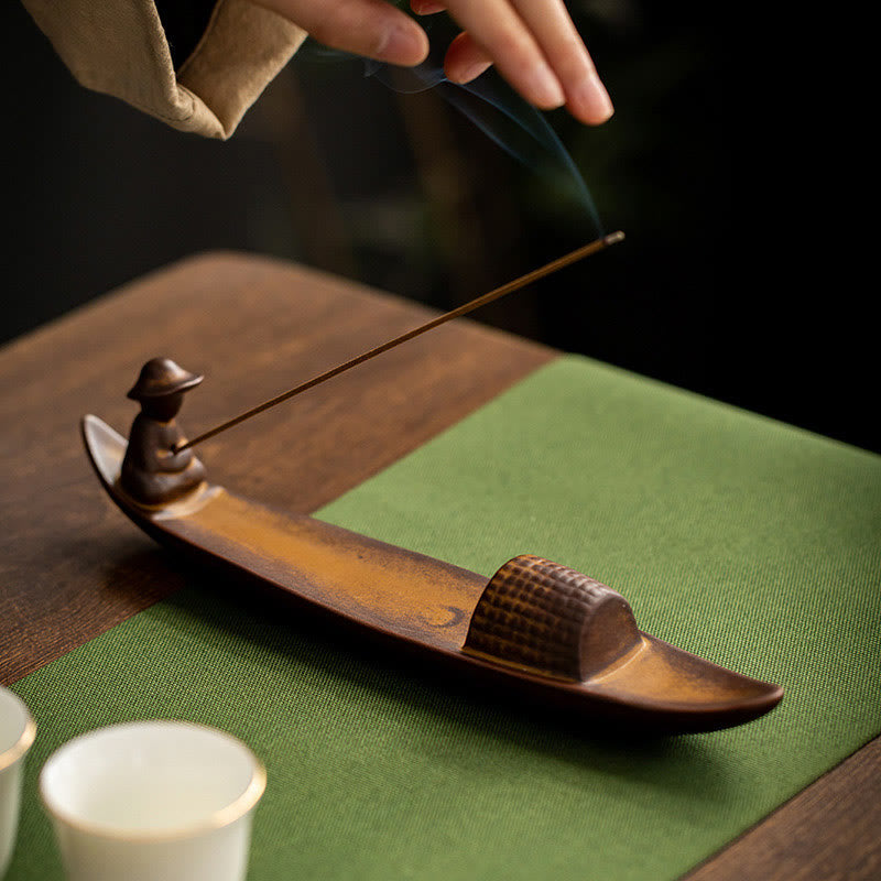 Handcrafted Ceramic Fisherman Zen Scene Healing Incense Burner