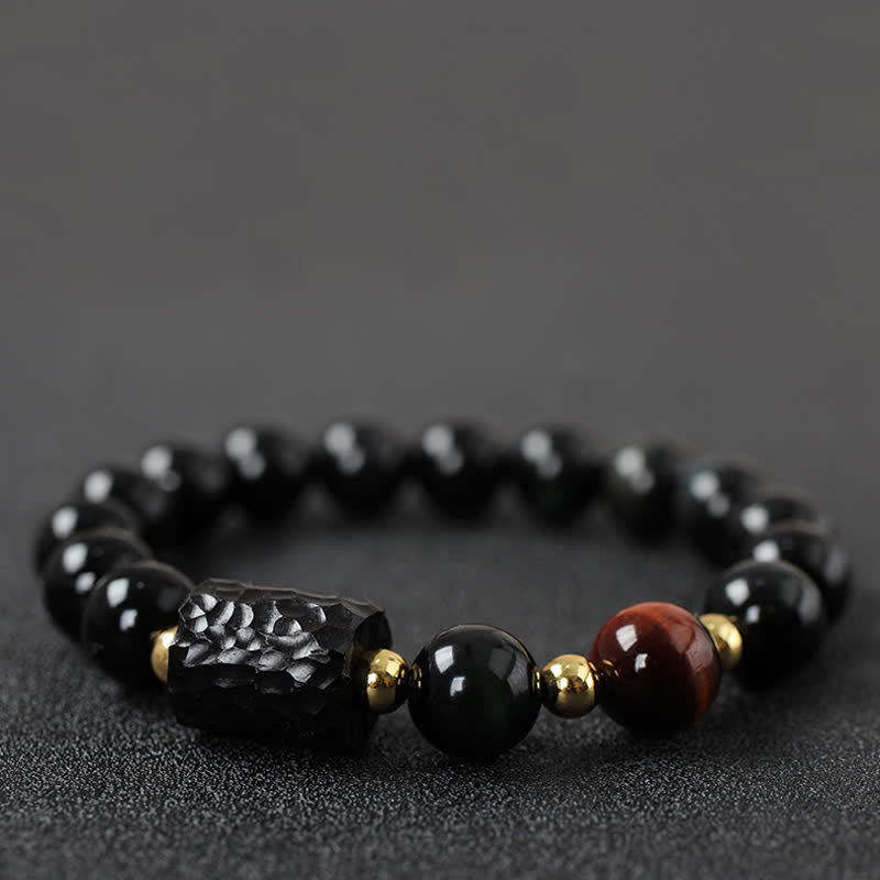 Ebony Wood & Black Obsidian Gold Sterling Silver Tiger Eye Beaded Couple Bracelet