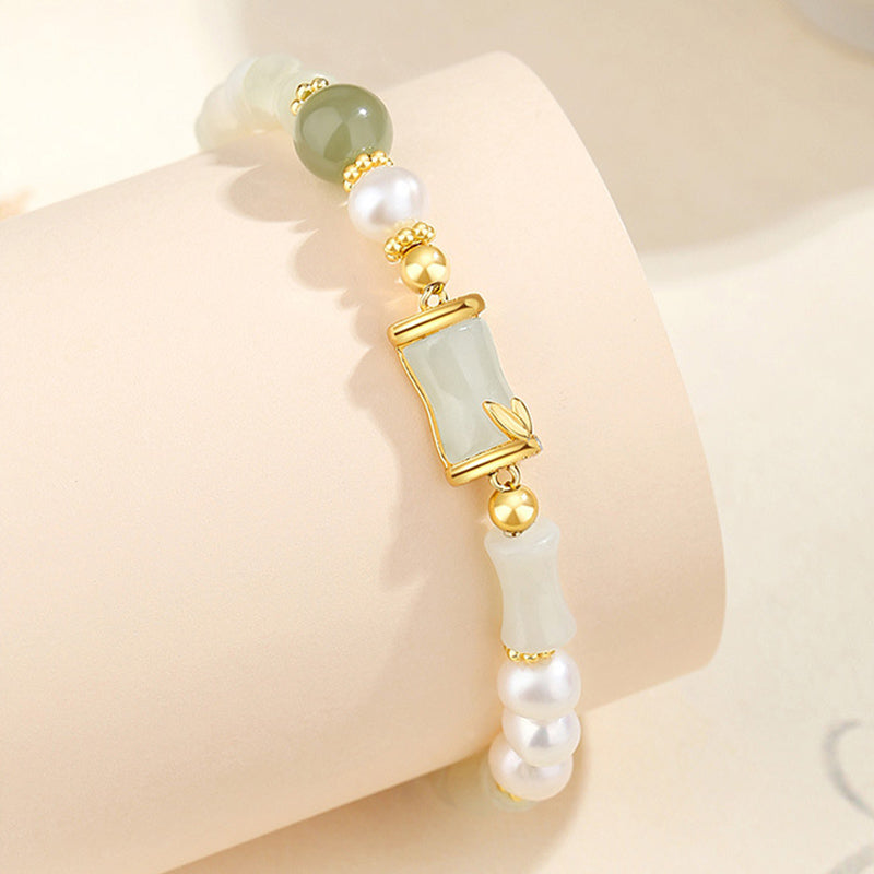 925 Sterling Silver Natural Hetian White Jade Bamboo Luck Blessing Bracelet